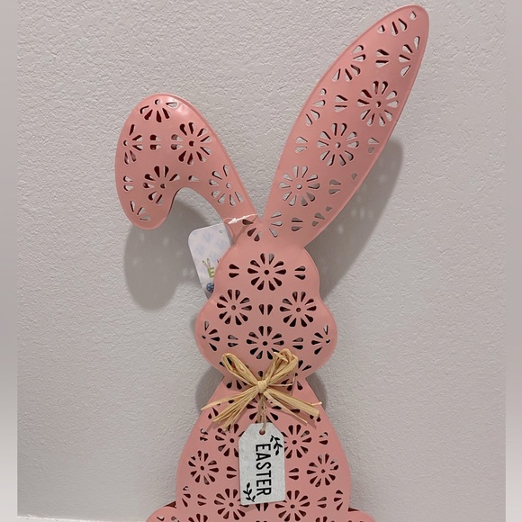 Easter Pink 18” Metal Bunny Rabbit Figurine Home Decoration Floral Design - Picture 2 of 6
